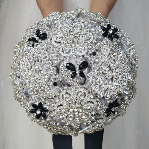 Handmade DIA 18cm Wedding Bouquets Luxury Silver Black Rhinestone Brooch Accessories Full Jewelry Wedding Flower Bridal Bouquet