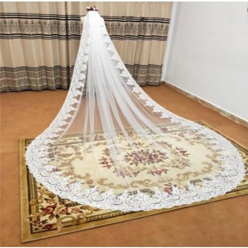 Highest Quality Luxurious Full Edge Lace Applique White Ivory Wedding Veil Cathedral One-Layer Tulle Bridal Veil + Comb