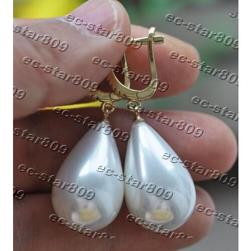 Z11182 20mm White Teardrop South Sea Shell Pearl Dangle Earring CZ Women Fashion Jewelry
