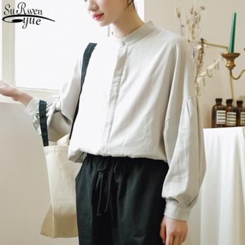 2021 Autumn Lantern Long Sleeve Women Literary Solid Blouse Cotton Stand-Collar Casual Single Breasted Shirts Blusas Mujer 11504