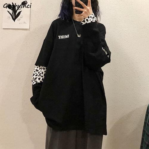 No Hat Hoodie Women O-neck Patchwork Long Sleeve Harajuku BF Oversize Sweatshirts Fake Two Pieces Streetwear Hip-pop Retro Tops