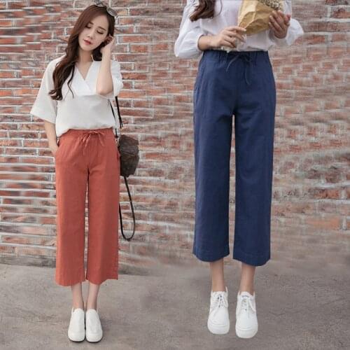 2018Spring Summer Women Clothing Fashion Nine Points Pants Casual Solid Color with Waist Straight Loose Casual Pants Plus Size