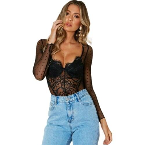 Women Mesh Lace Bodysuit Deep V Neck Stretch Leotard Jumpsuit Tops Club