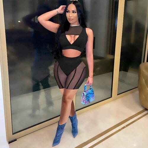 2021 Best Quality Famous Brand 2 pcs Women Set Solid Hollow Out O-neck Short Tops and Shorts Summer Sexy Club Outfits