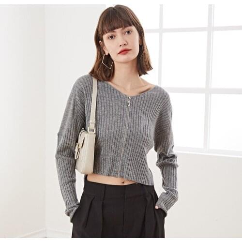 2021 early autumn womens new short coat wool temperament zipper cardigan solid color soft pullover sweater blouse