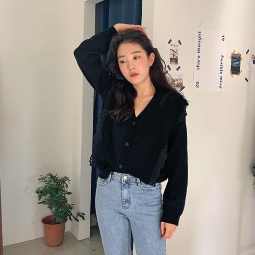 Vintage Black Womens Sweater Korean Casual V-neck Patchwork Knit Carigans Long Sleeve Outwear 2021 Autumn Winter