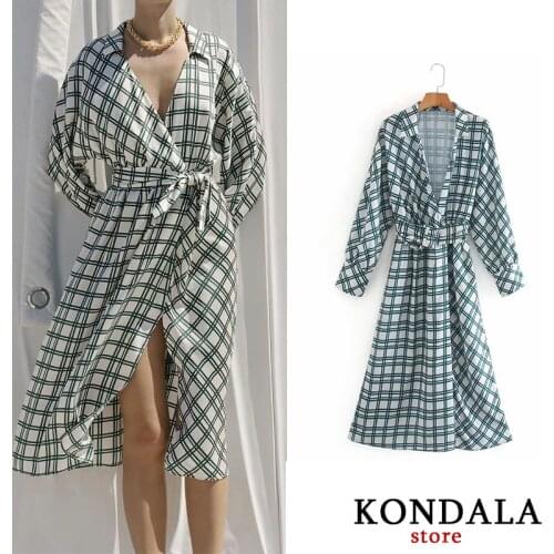 Women Dress za Plaid Print Elegand Style Bow Sashes Dress Long Sleeve V-neck Dresses A-line Mid-calf Mujer Vestidos