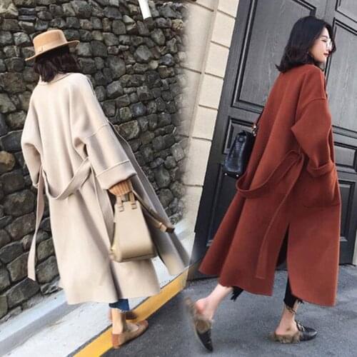 2019 Autumn Winter Woolen Coat For Women Long Sleeve Woolen Blends Coat Open Front Parka With Belt Loose Casual Outerwear R251