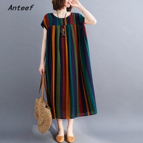 Short sleeve cotton linen vintage stripe floral dresses for women casual loose long woman summer dress elegant clothes 2021