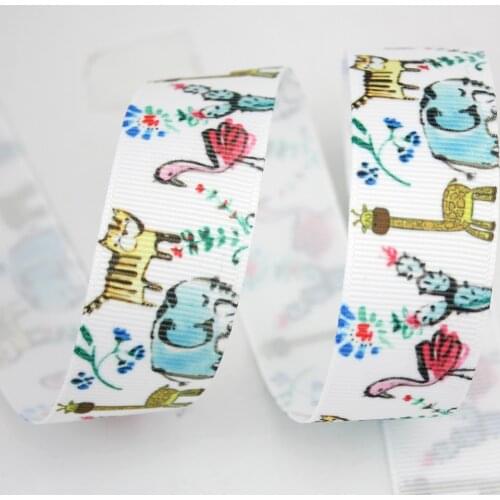 1" White Cartoon Animal Printed Grosgrain Ribbon 25mm DIY bow wedding decoration polyester webbing 50 yards