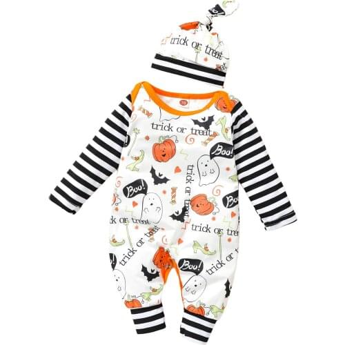 2Pcs Baby Halloween Outfit, Cartoon Pumpkin Ghost Stripe Long Sleeves Romper + Knotted Hat for Toddler Girls, Boys