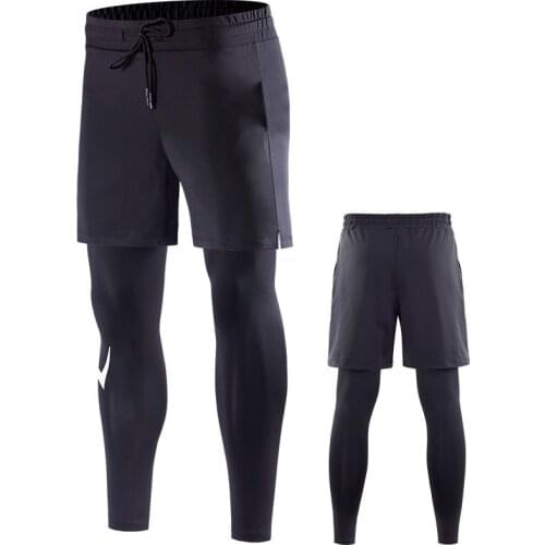 2021 Fashion Tight Sports Pants Fake Two-piece Fitness Pants Mens Stretch Running Quick-drying Pants Summer Running Pants