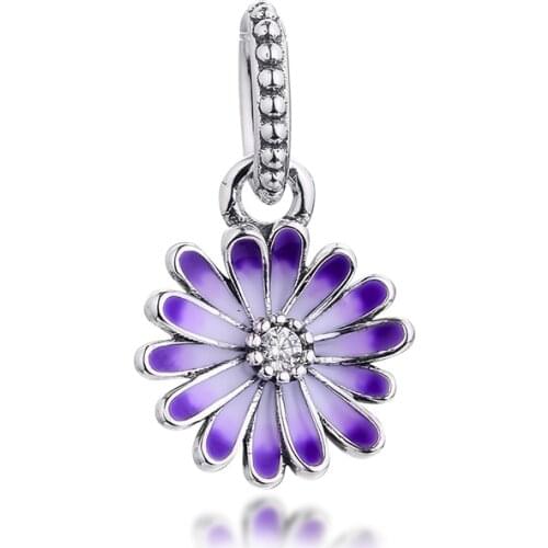 2021 Spring Purple Flower Dangle Charms Fits Pandora Bracelet 925 Sterling Silver Floral Pendant Beads DIY Jewelry Making Kralen