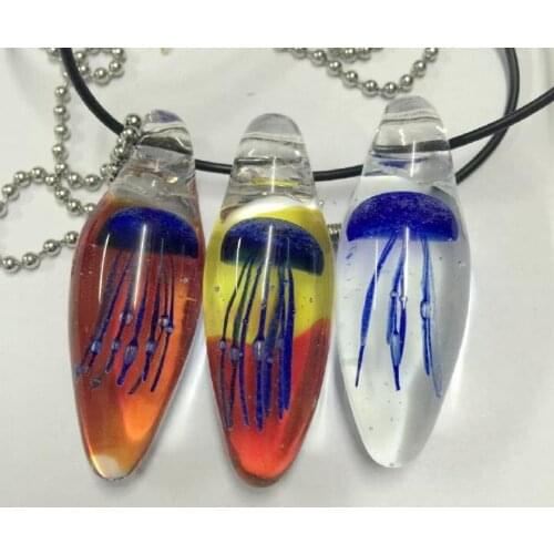 FREE SHIPPING 3PCS Dark Blue Jellyfish New Hand Blown Glass Mix Drop Tentacles Necklace Black Rope