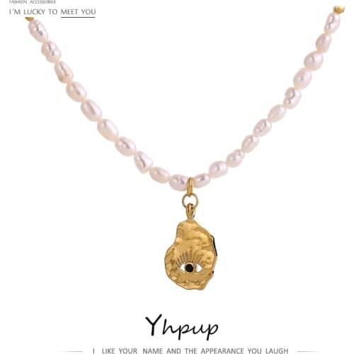 Yhpup Creative Eye Pendant Chain Necklace Statement Stainless Steel Accessories Elegant Natural Pearl Choker Necklace Women Gift