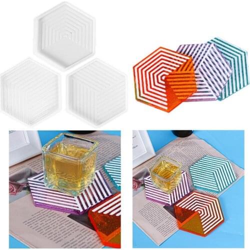 Epoxy Useful Resin Mold Geometric Stripes Eco-friendly Waterproof Hexagonal Cup Mat Casting Silicone Mould Easy to Use for Tray
