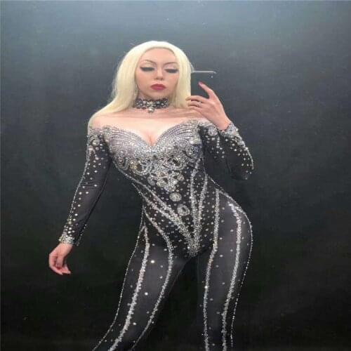 R47 Rhinestone female bodysuit diamonds stage dj jumpsuit bar outfits clothing party pole dance costumes ballroom performance ds