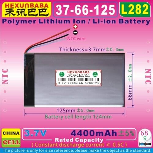 [L282] 3.7V 4400mAh [3766125] NTC; Polymer lithium ion / Li-ion battery for e-book;tablet pc,Digital photo frame,power bank