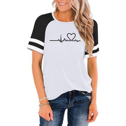 Summer Hot Womens Top T-Shirt Loose Striped Sleeves Round Neck Stitching Short-Sleeved T-Shirt