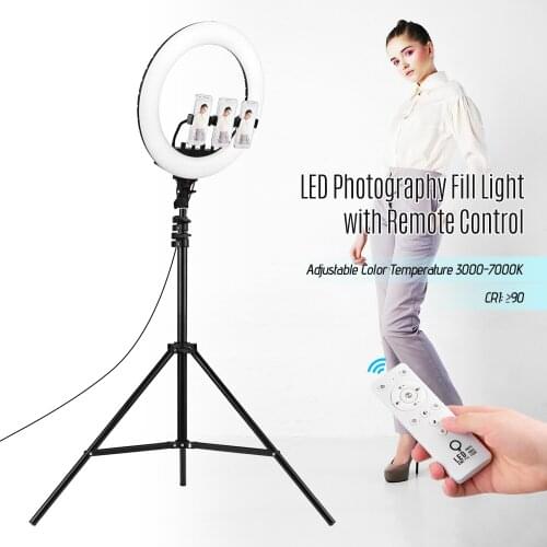 Video Light Kit with 18inch LED Ring Light Lamp Adjustable 2m Tripod with Remote Control 3 Phone Clamps Phone Remote Shutter