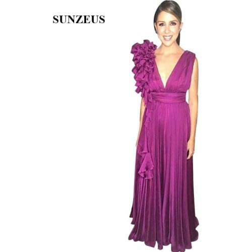 Purple Chiffon Bridesmaids Dresses For Summer Long Wedding Party Dress With Ruffles A-line Deep V-neck Sleeveless Guest Gowns