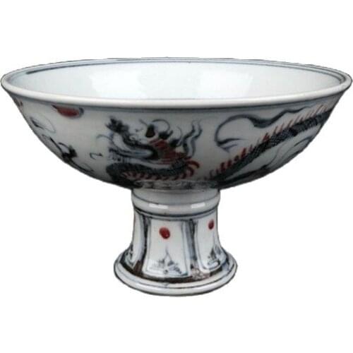 Early collection of old blue and white glaze red cloud dragon pattern high foot bowl