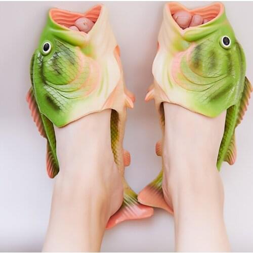 Summer Womens Funny Fish Slippers Green Comfort Interesting Slippers Women Soft Sole Designer House Shoes for Women Flip Flops