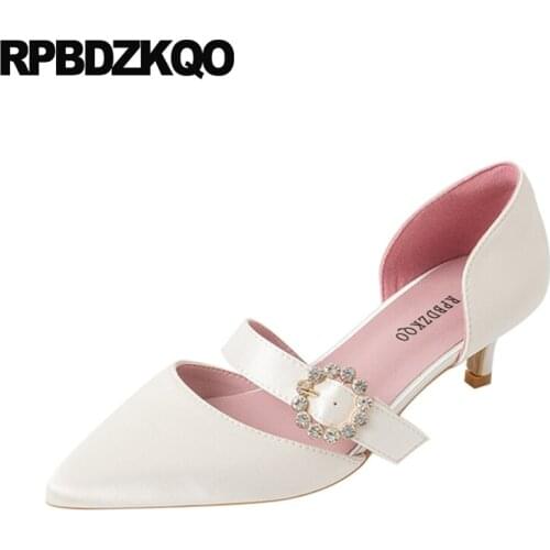 Diamond Mary Jane Stiletto Pumps Kitten Thin Jewel Shoes Rhinestone Women High Heels Ivory Bridesmaid Pointed Toe Bridal Satin