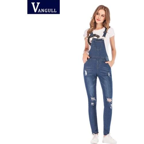 Vangull Women Jumpsuit Baggy Denim Cross Border Special Bib Full Length Overall Solid Loose Causal Hot Suspender jumpsuit 2021