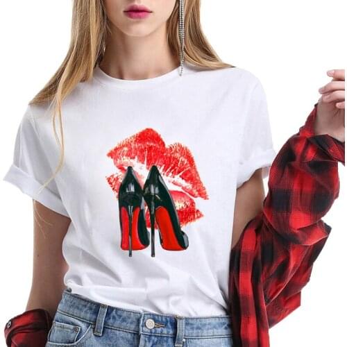 Vintage Womens Classic T-Shirt Harajuku Kiss High Heel Graphics Casual Tee Tops Slim Sweet Girls Clothing Size XS-XL
