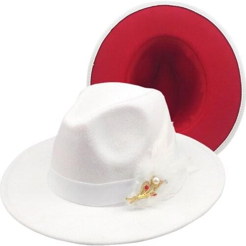 High Quality New Fashion Woollen Felt Jazz Panama Fedora Hat White Feather Decorative Patchwork Hat Caps
