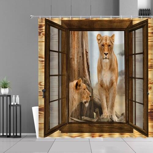 3D Tiger Wall Graffiti Outside The Window Shower Curtain Bathroom Screen Curtain Home Decoration Polyester Waterproof With Hook