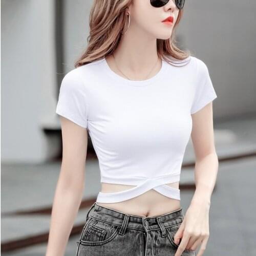 WOMENGAGA Korean Cross Hollow waist Short Sleeve Solid Slim Bottomed Tops Womens O-neck Open Navel T-shirt Q91M
