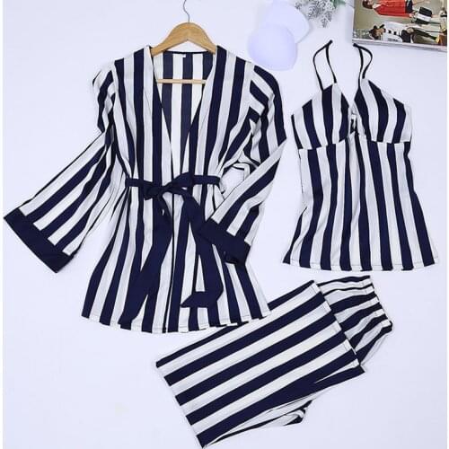 Summer Sleepwear Women Pajamas Sets 2019 Home Clothes 3 Pcs Striped Sexy Women Pajama Nightdress+Robe+Pant Female Pajamas 2XL
