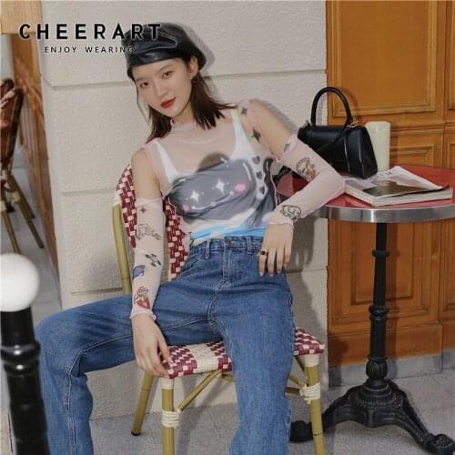 CHEERART Off Shoulder Mesh Top Turtleneck Long Sleeve T Shirt Women See Through Transparent Top Tee 2020 Alternative Fashion