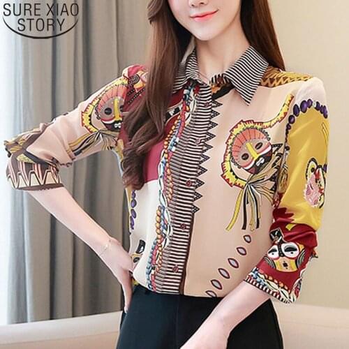 2021 Autumn Print Turn-down Collar Chiffon Blouse for Women Tops Button Silk Shirt Blusas Mujer De Moda Womens Clothing 8427