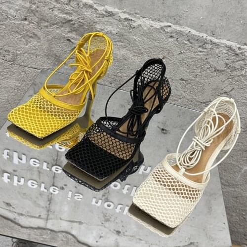 2021 New Sexy Yellow Mesh Pumps Sandals Female Square Toe high heel Lace Up Cross-tied Stiletto hollow Dress shoes