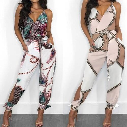 V Neck Womens Jumpsuit High Waist Lace Up Straight Pants Pocket Design Printed Cover Tops Side Split Sexy Loose Playsuits