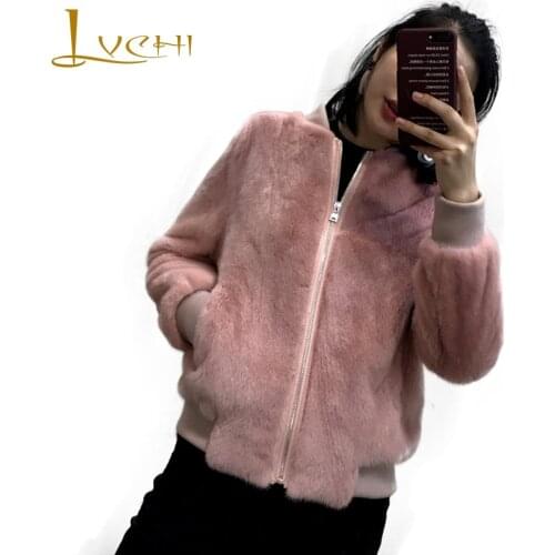 LVCHI Women Winter Pink Real Fur 2019 Long Sleeve Mink Coat Female Thick Natural O-Neck Fur Causal Loss Slim Women Mink Coats