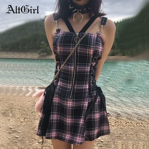 AltGirl Mall Goth Y2k Plaid Dress Women Harajuku Punk Aesthetic Fairy Grunge Bandage Zipper Corset Dress Emo Alt Pink Partywear