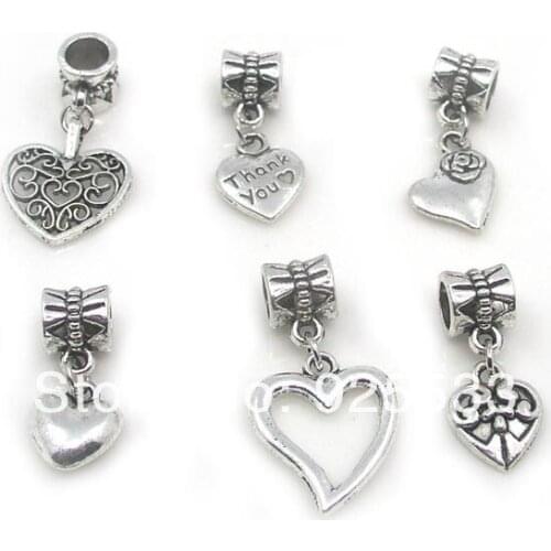 Free shipping 50pcs antique silver plated heart shape big hole charms fit European snake bracelet jewelry DIY