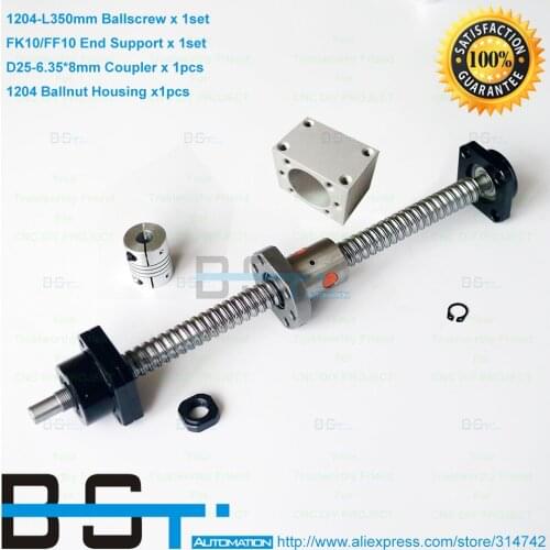 BSTMOTION Rolled Ballscrew RM1204 -L350mm + SFU1204 Ballnut + Nut Housing + FK10 FF10 End Support + 6.35x8mm flexible coupling