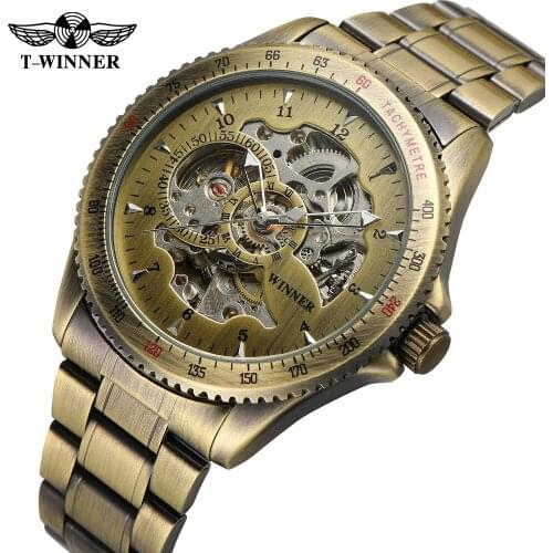FORSINING Mens Automatic Self-wind Skeleton Analog Dial Antique Bronze Color Watch with Stainless Steel Bracelet WRG8031M4