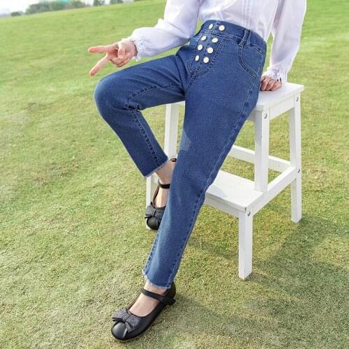 Streetwear Blue Straight teen girls Denim Jeans Pants Long Trousers for Big Kids Girls High Waist Double-breasted Pockets Jeans
