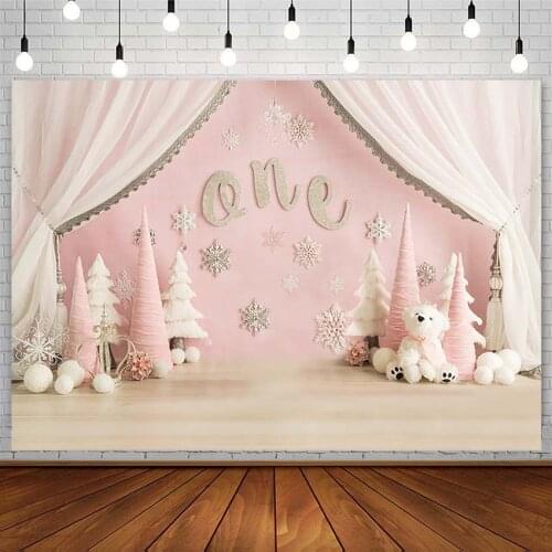 Avezano 1st Birthday Party Backdrop Snowflake Toy Bear Winter Pink Photography Background Photo Studio Photocall Photozone Decor