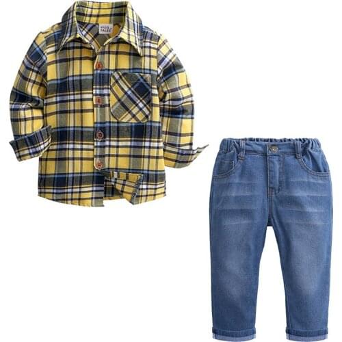 Boy Cotton Plaid Shirt Jeans Pant Baby Kids Gentleman Clothes Set Tee Trouser Children Casual Outfits