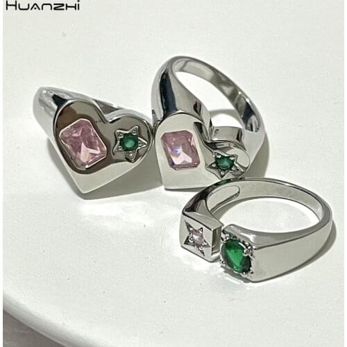 HUANZHI Trendy Silver Color Heart-shaped Square Geometric Pink Zircon Opening Strip Rings for Women Girls 2021 Jewelry Gifts