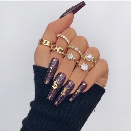 Docona 7Pcs Luxury Female Flowers Rings Set Fashion Gold Color Crystal Zircon Stone Alloy Rings for Women Jewelry Anillos 15887