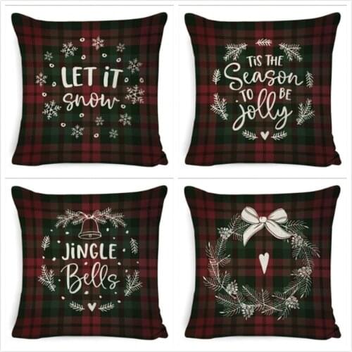 Red Plaid Christmas Cushion Cover Xmas Decor Pillowcase Classic Throw Pillow Case Printed Deer Tree Cushion Case Home Decorative