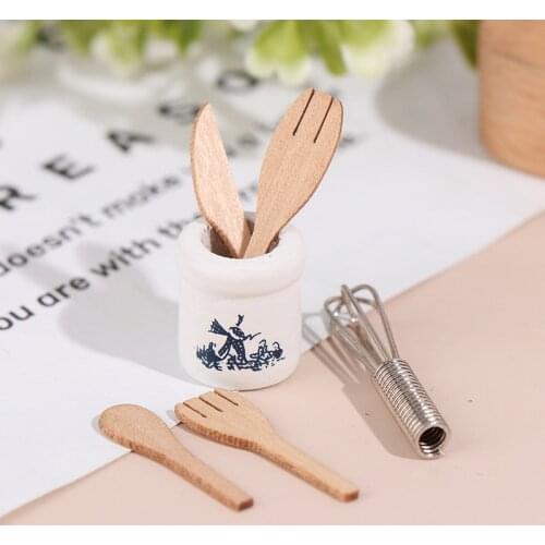 Miniatures Wooden And Fork Metal Whisk Jar Set Accessories Doll House Kitchen